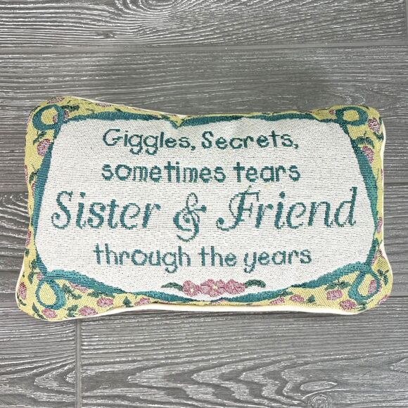 Vintage Tapestry Style Throw Pillow Floral with Sister and Friend Quote 12 x 7" - Picture 2 of 7